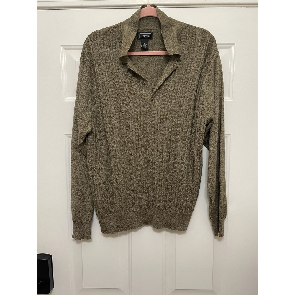 Cezani Polo Sweater Men L  Olive Green Textured Knit Long Sleeve Retro Everyday